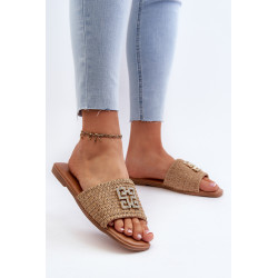 Plokščios moteriškos šlepetės su pynimu ir dekoravimu smėlio spalvos Omenna 199493