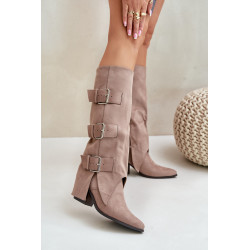 Auliniai Batai Su Kulnu Ir Apversta Šlaunimi Bei Sagtimis Beige Vamissa 200213