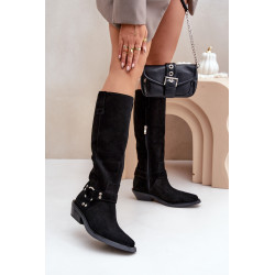 Suede Cowboy Batai Su Mažu Kulnu Ir Dekoracija Zazoo 3656 Juodi 200235