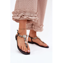 Moteriški sandalai su plokščiu kulnu ir kristalais rožinė auksas Fiolalia 201129