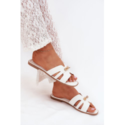 Plokšti Moteriški Šlepetės Su Dirželiu Ir Aukso Detaliu Baltos Kerenza 201286