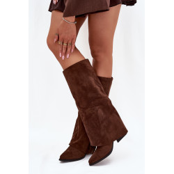 Moteriški Slip-On Cowboy Batai Su Kulnais Ir Pūkuotais Ruda Zalia 201325