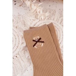 Medvilninės kojinės dryžuotos su meškiu šviesiai ruda 202139