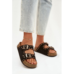 Moteriškos šlepetės su auksinėmis sagomis ir kniedėmis Juodos Tervina 202230