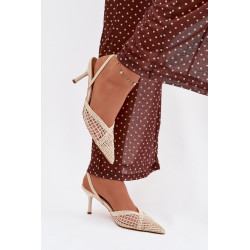 Vynioti sandalai ant smailių aukštu kulnu šviesiai smėlio Hanelis 202239