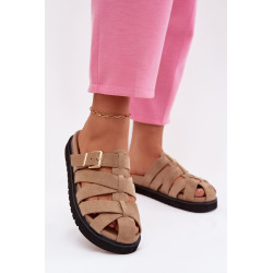 Moteriškos šlepetės su juostelėmis ir auksiniu sagtimi Tamsiai smėlio spalvos Roselisse 202299