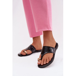 Moteriškos plokščios ekologiškos odinės šlepetės su auksiniu akcentu Juodos Lavessa 202306