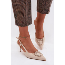 Moteriški aukšto kulno sandalai su dekoracija šviesiai smėlio spalvos Ismeria 202330