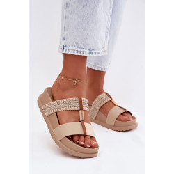 Moterų platforminiai sandalai su juostelėmis ir auksiniu detalėmis Smėlio Tahlia 202336